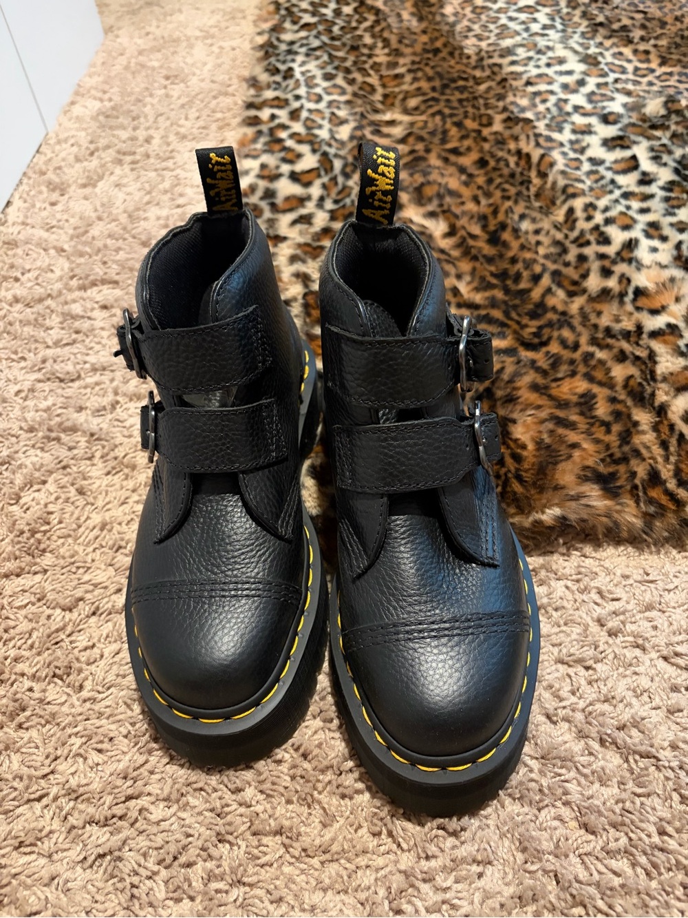 Dr. Martens Black Leather Ankle Buckle Boots with Yellow Stitching